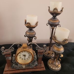 4 PC set, 3 Candelabras and clock.. candles included